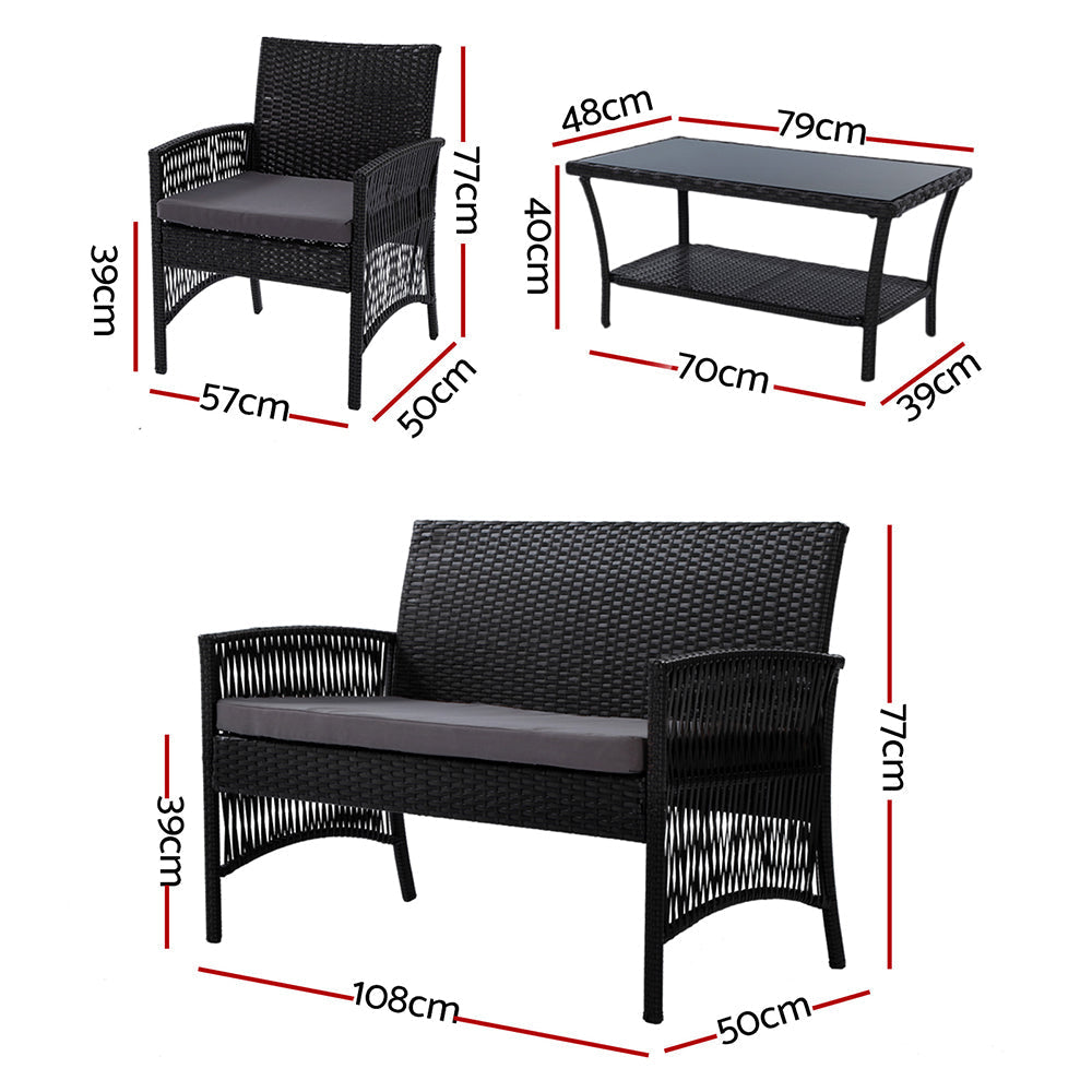 Anitra - 4PCS Outdoor Sofa Set Wicker Harp Chair Garden Black