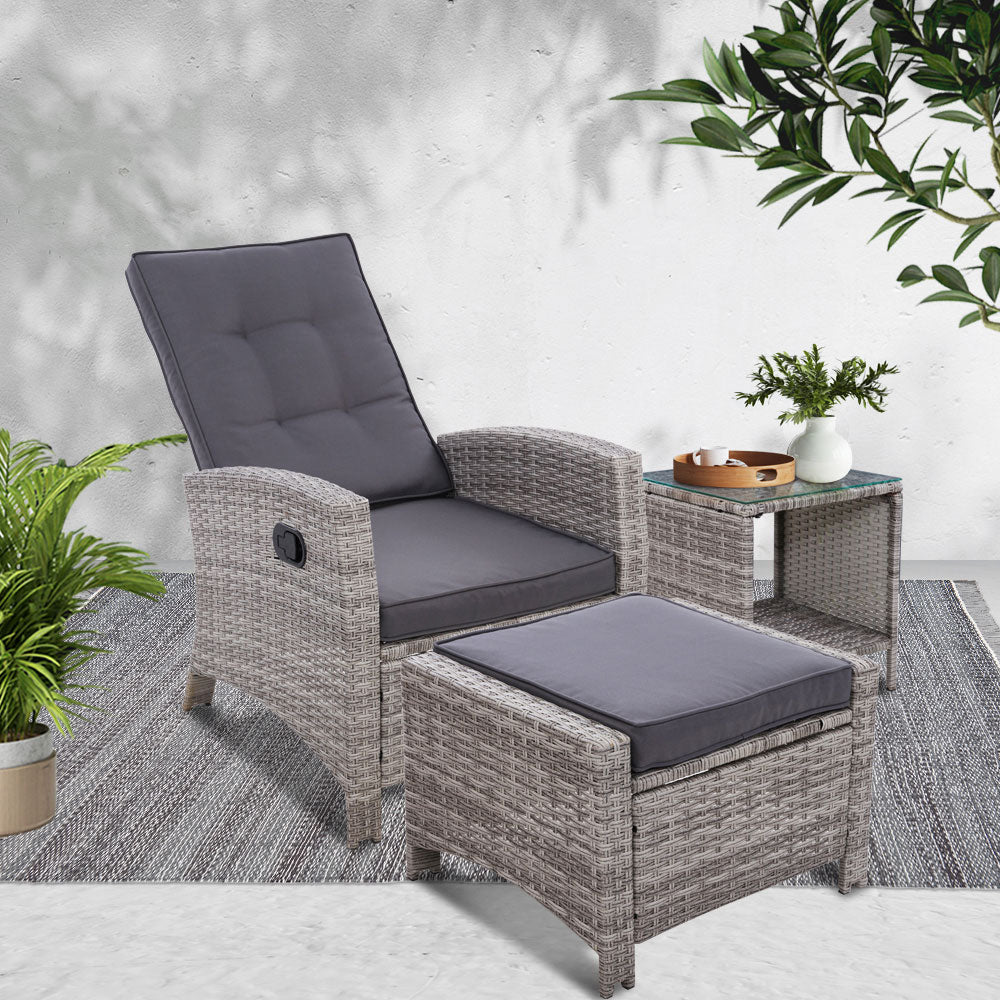 Aviana - 3PC Recliner Chairs Table Sun Lounge Wicker Adjustable Grey