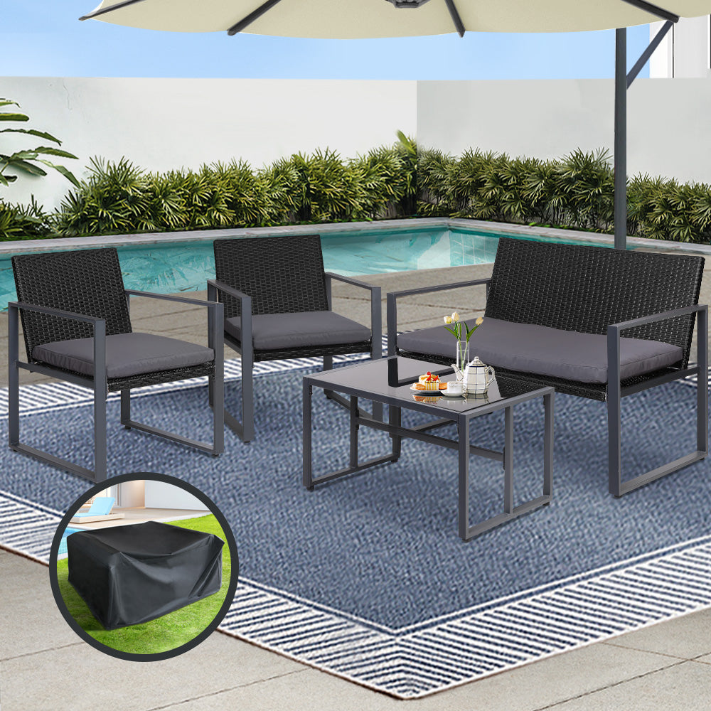 Eden - 4 PCS Outdoor Sofa Set Storage Cover Rattan Black