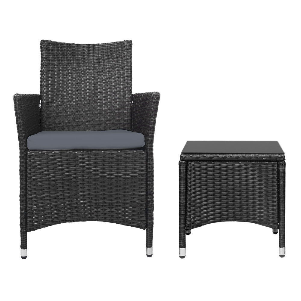 Elena - 3PC Outdoor Bistro Set Patio Wicker Chairs Black