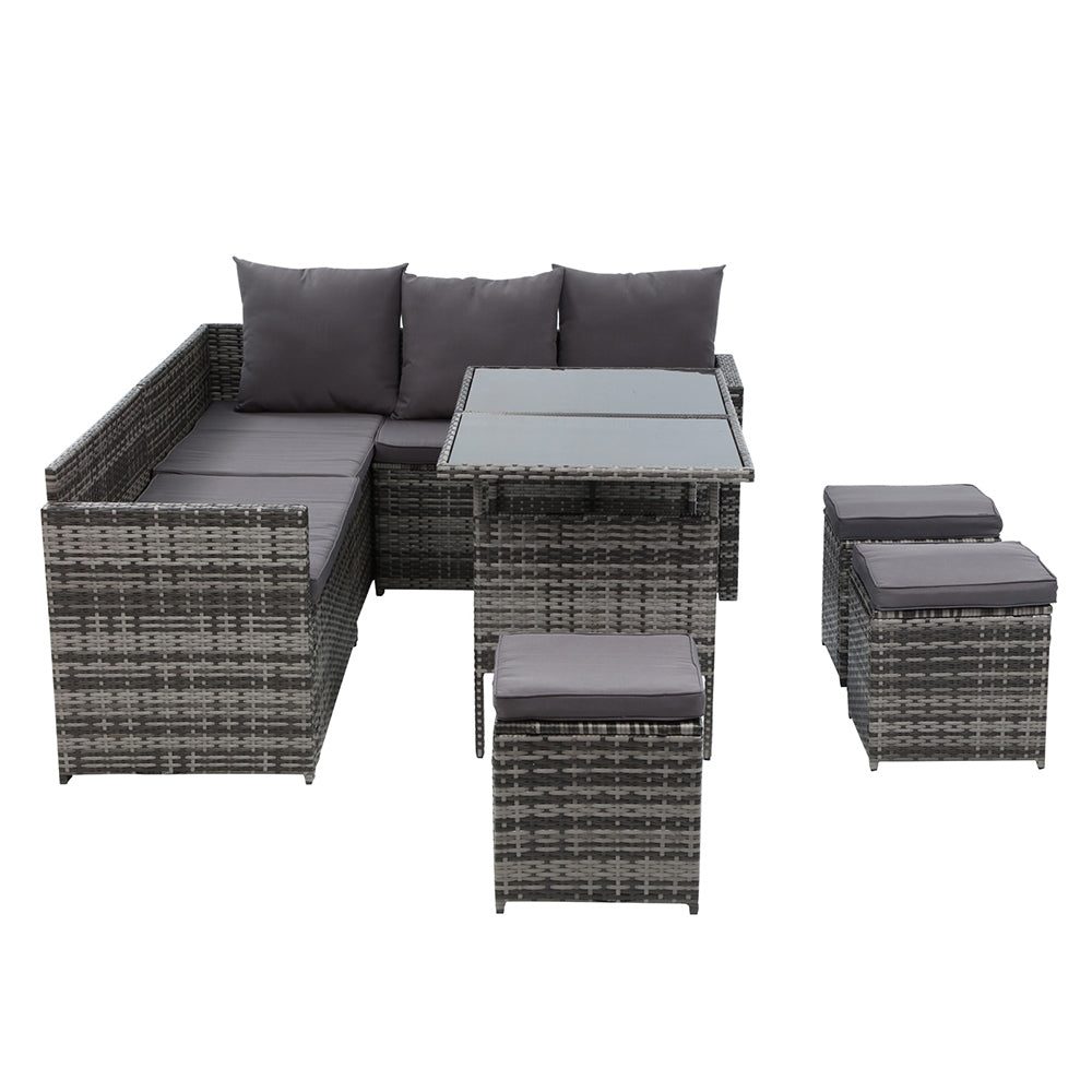 Isolde - Outdoor Furniture Dining Setting Wicker Sofa 9 Seater Grey