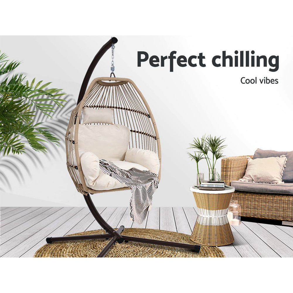 Charis - Outdoor Egg Swing Chair Wicker Rope Pod Stand Cushion Latte