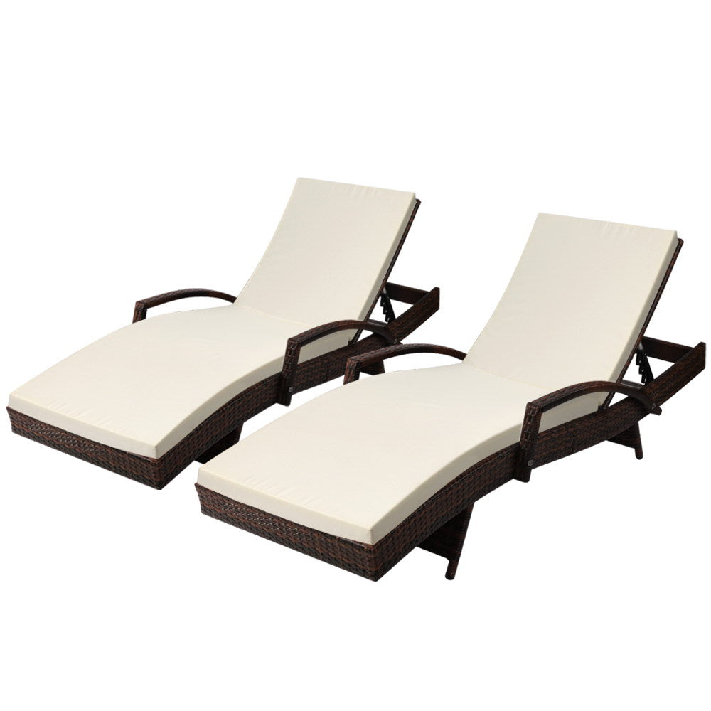 Yvette - 2PC Sun Lounge Wicker Lounger Beach Cushion Brown