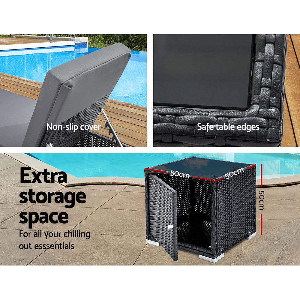 Adora - 3PC Sun Lounge Wicker Lounger Day Bed Rattan Garden