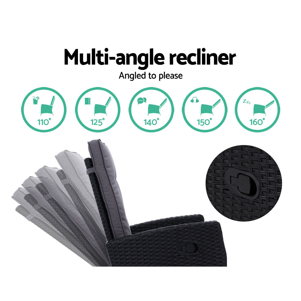 Liana - 3PC Recliner Chairs Table Sun Lounge Wicker Adjustable Black