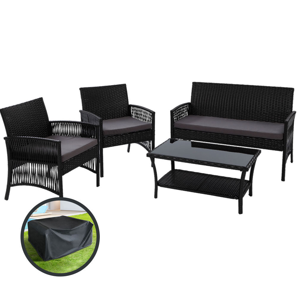 Yearn - 4PCS Outdoor Sofa Set Storage Cover Wicker Table Black