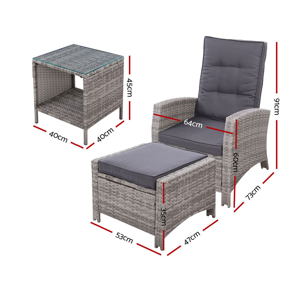 Galina - 5PC Recliner Chairs Table Sun Lounge Wicker Adjustable Grey