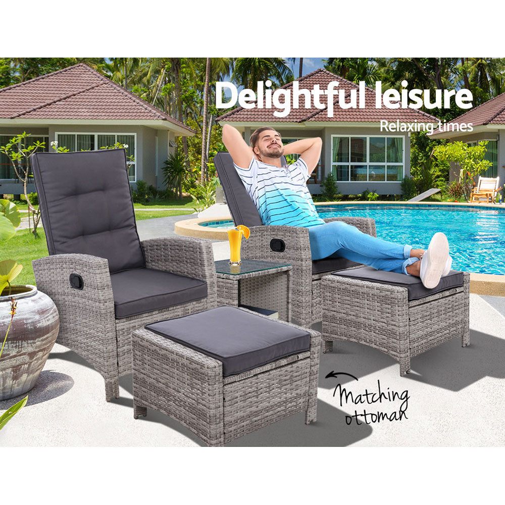 Galina - 5PC Recliner Chairs Table Sun Lounge Wicker Adjustable Grey
