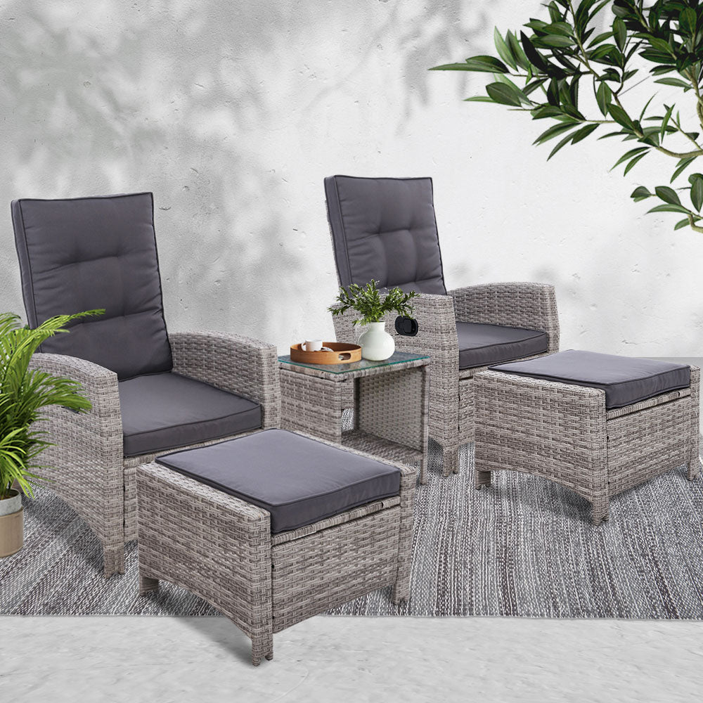Galina - 5PC Recliner Chairs Table Sun Lounge Wicker Adjustable Grey