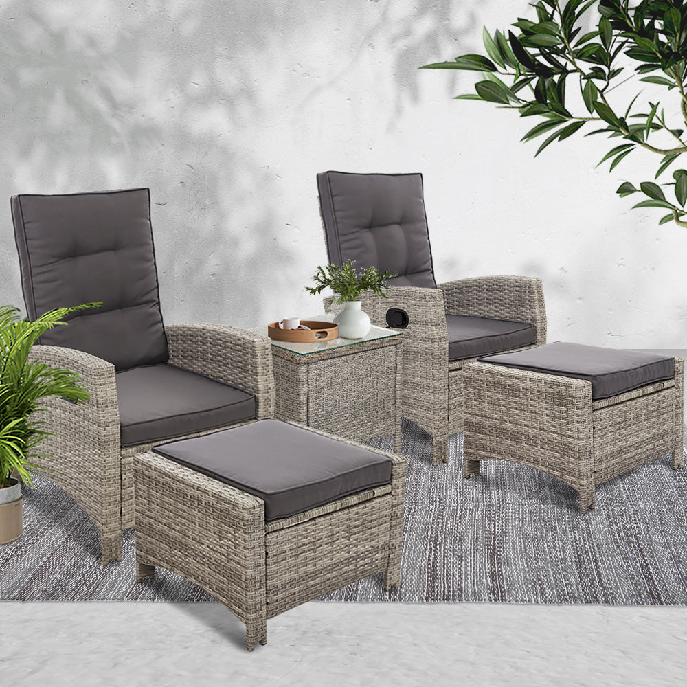 Galina - 5PC Recliner Chairs Table Sun Lounge Wicker Adjustable Grey