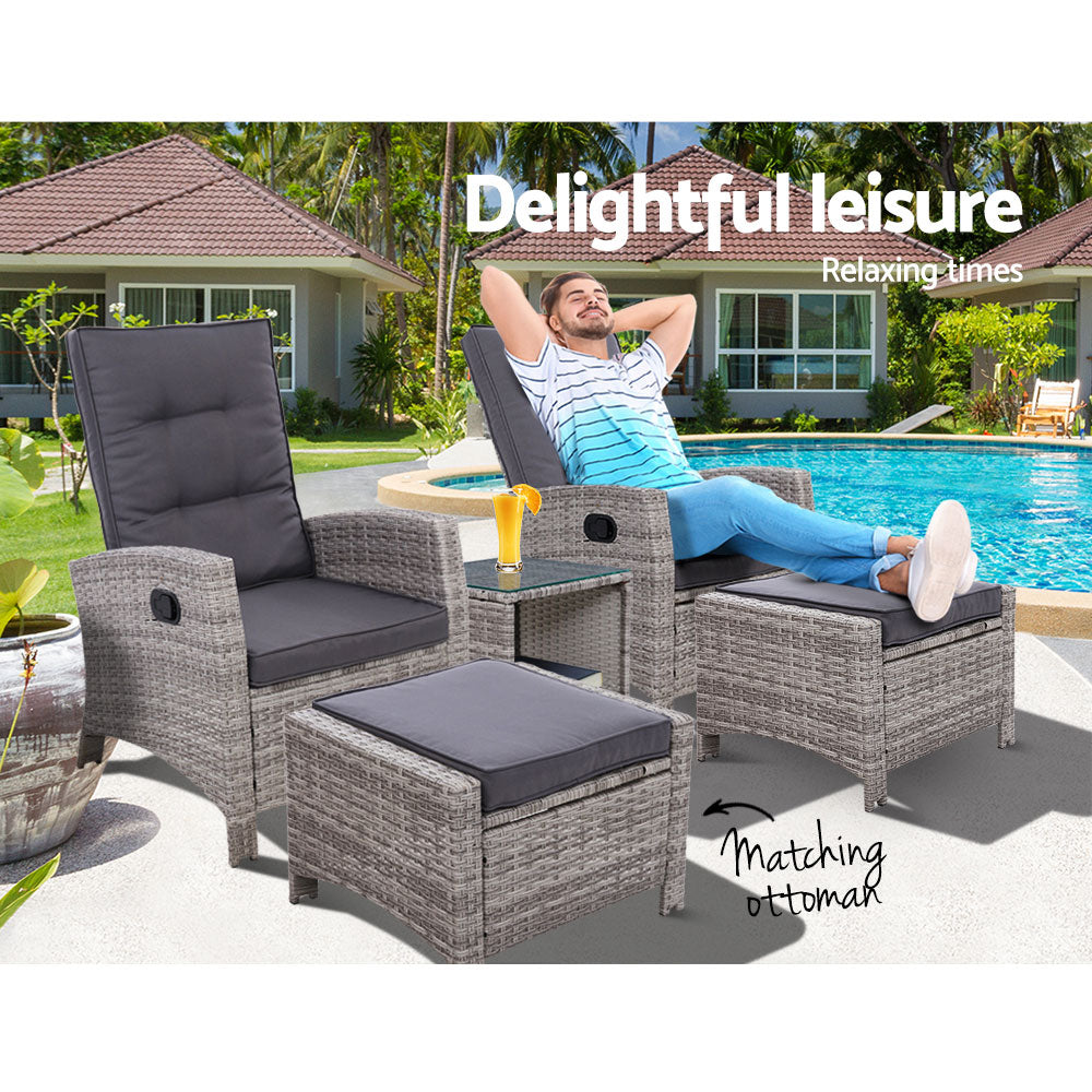 Galina - 5PC Recliner Chairs Table Sun Lounge Wicker Adjustable Grey