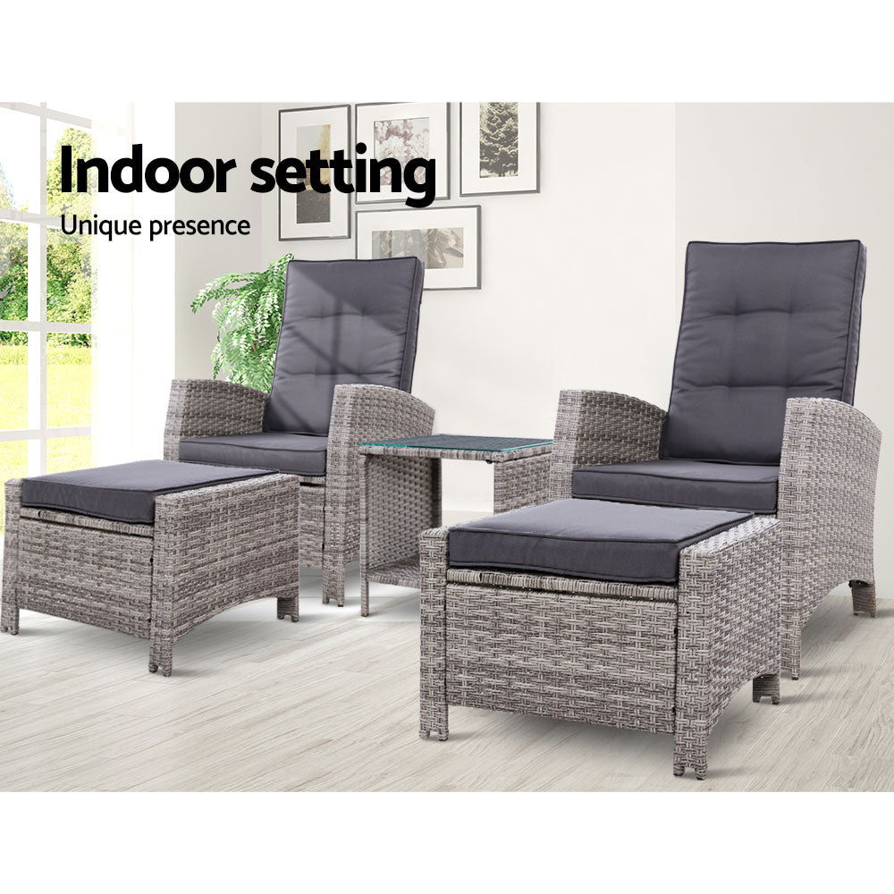 Galina - 5PC Recliner Chairs Table Sun Lounge Wicker Adjustable Grey