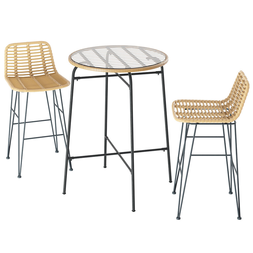 Foyer - 3-Piece Outdoor Bar Set Wicker Table Chairs Bistro