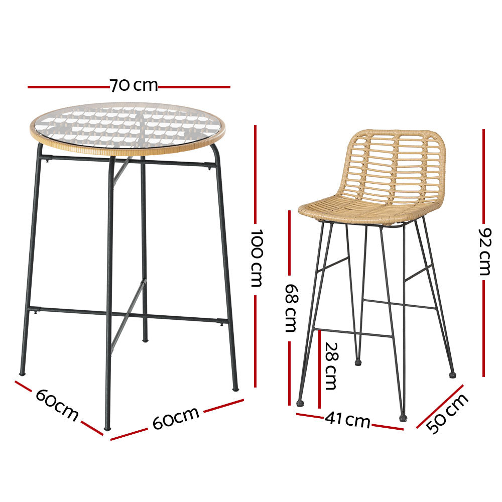 Foyer - 3-Piece Outdoor Bar Set Wicker Table Chairs Bistro