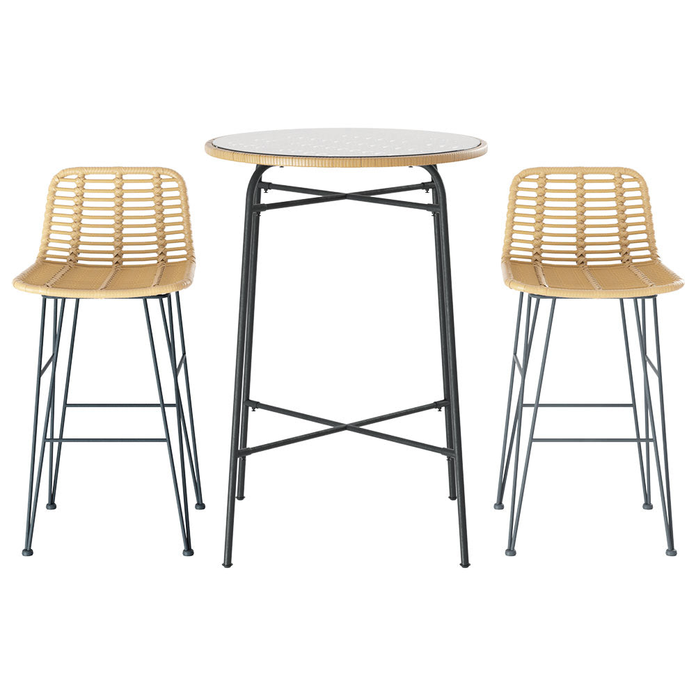 Foyer - 3-Piece Outdoor Bar Set Wicker Table Chairs Bistro