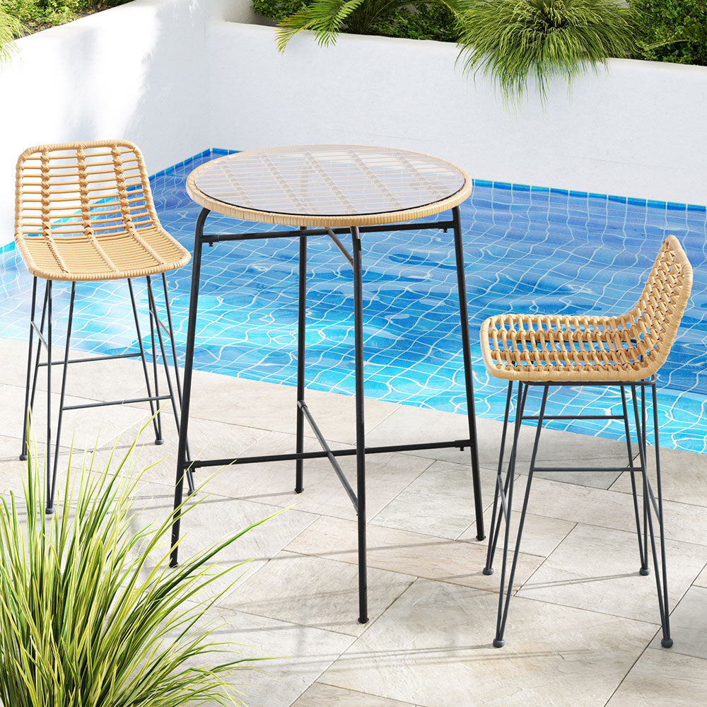 Foyer - 3-Piece Outdoor Bar Set Wicker Table Chairs Bistro