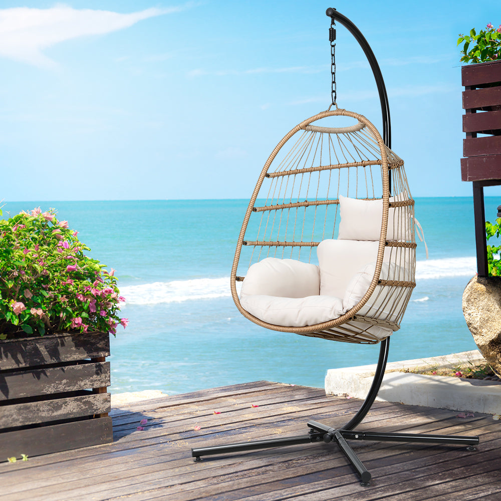Flora - Outdoor Egg Swing Chair Wicker Rope Pod Stand Yellow