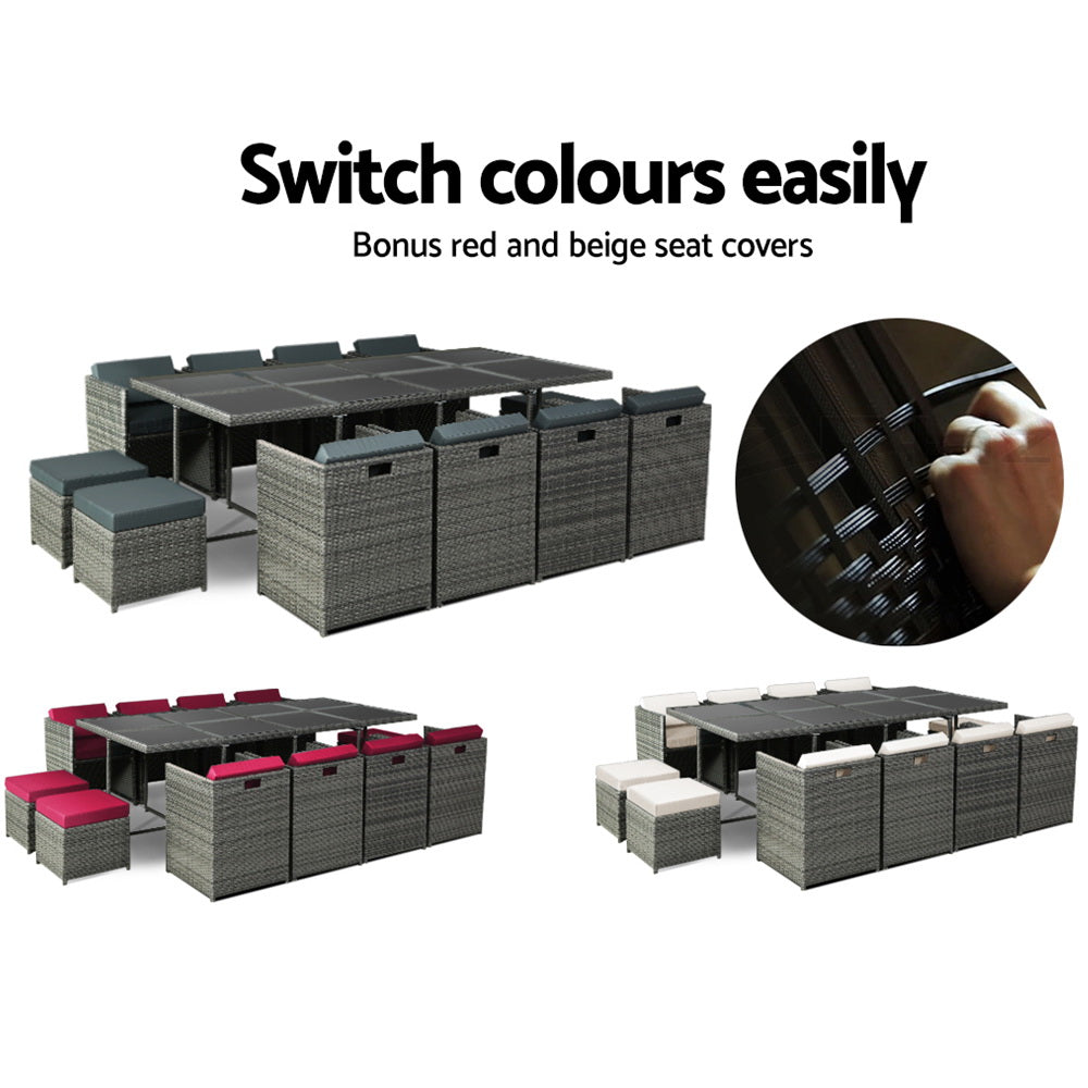 Ember - Outdoor Dining Set 13 Piece Wicker Table Chairs Grey