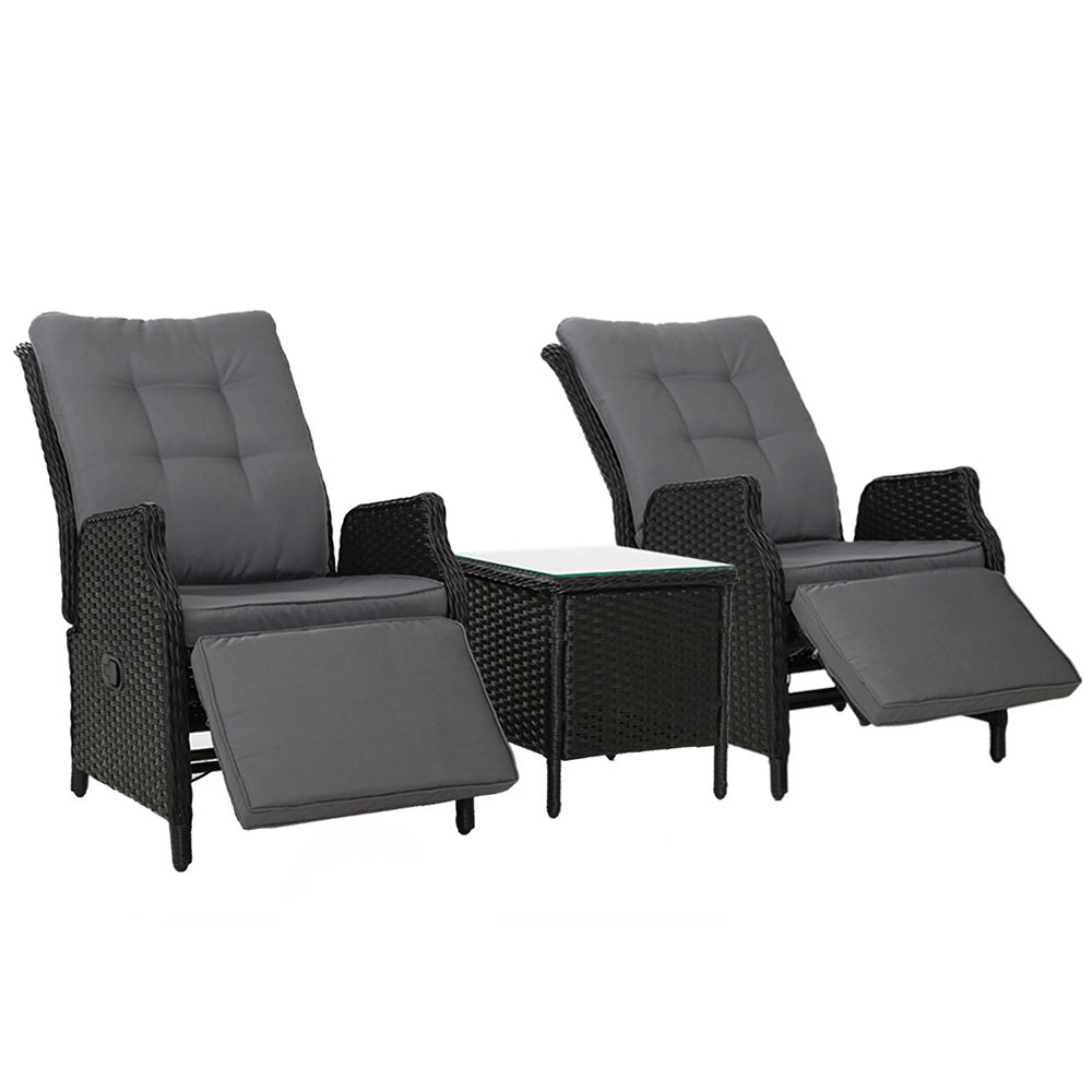 Verena - 3PC Recliner Chairs Table Sun Lounge Wicker Adjustable Black