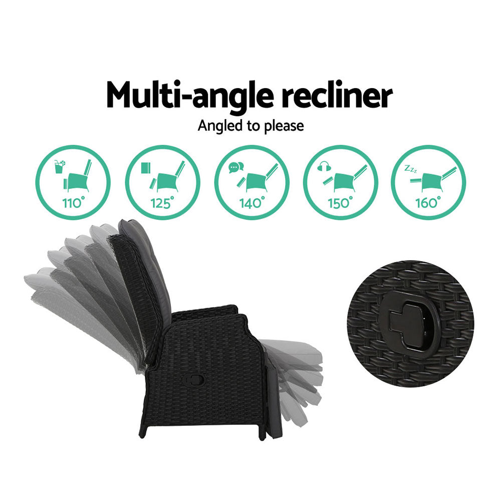 Verena - 3PC Recliner Chairs Table Sun Lounge Wicker Adjustable Black