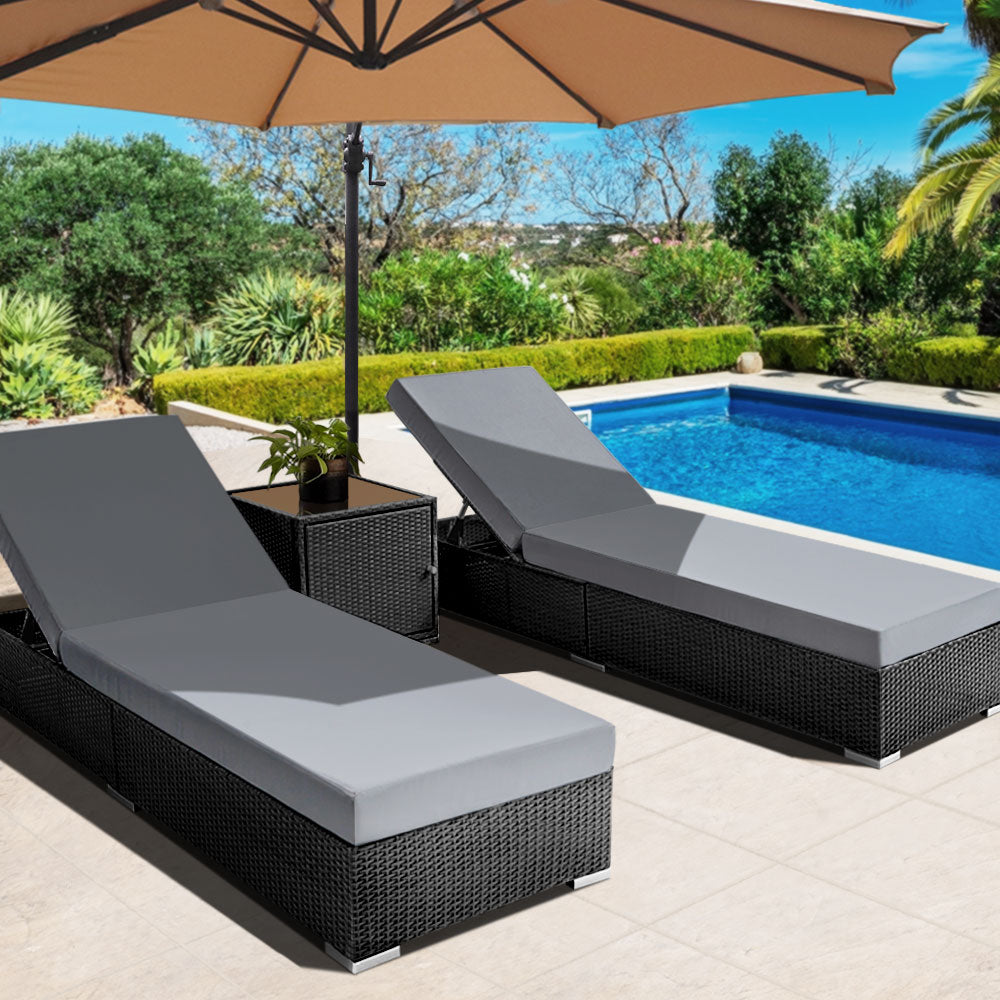 Adora - 3PC Sun Lounge Wicker Lounger Day Bed Rattan Garden