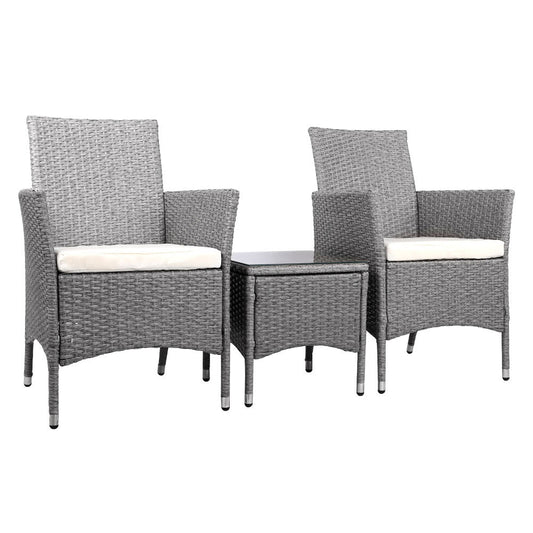 Althea - 3PC Outdoor Bistro Set Patio Wicker Chairs Table Cushion Grey