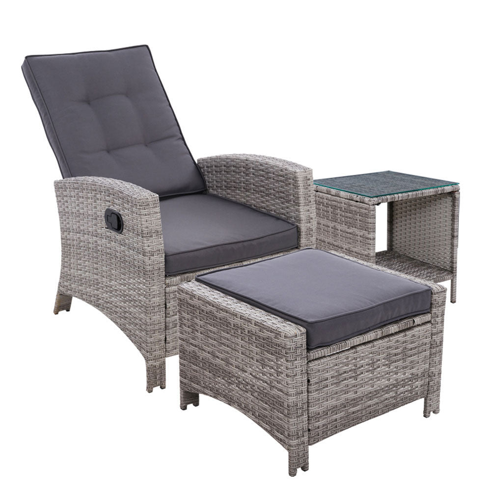 Aviana - 3PC Recliner Chairs Table Sun Lounge Wicker Adjustable Grey