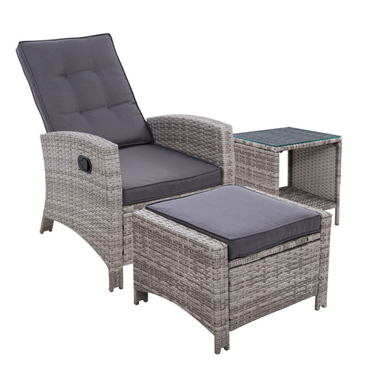 Aviana - 3PC Recliner Chairs Table Sun Lounge Wicker Adjustable Grey