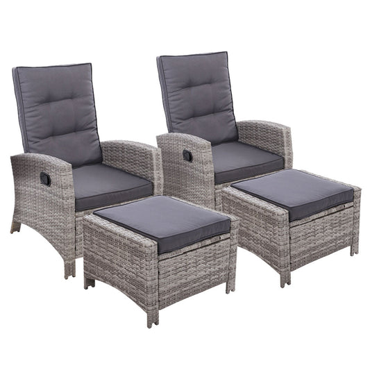 Arlette - 2PC Recliner Chairs Sun Lounge Wicker Lounger Adjustable Grey