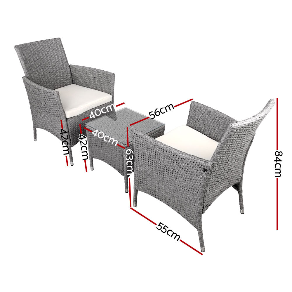 Althea - 3PC Outdoor Bistro Set Patio Wicker Chairs Table Cushion Grey