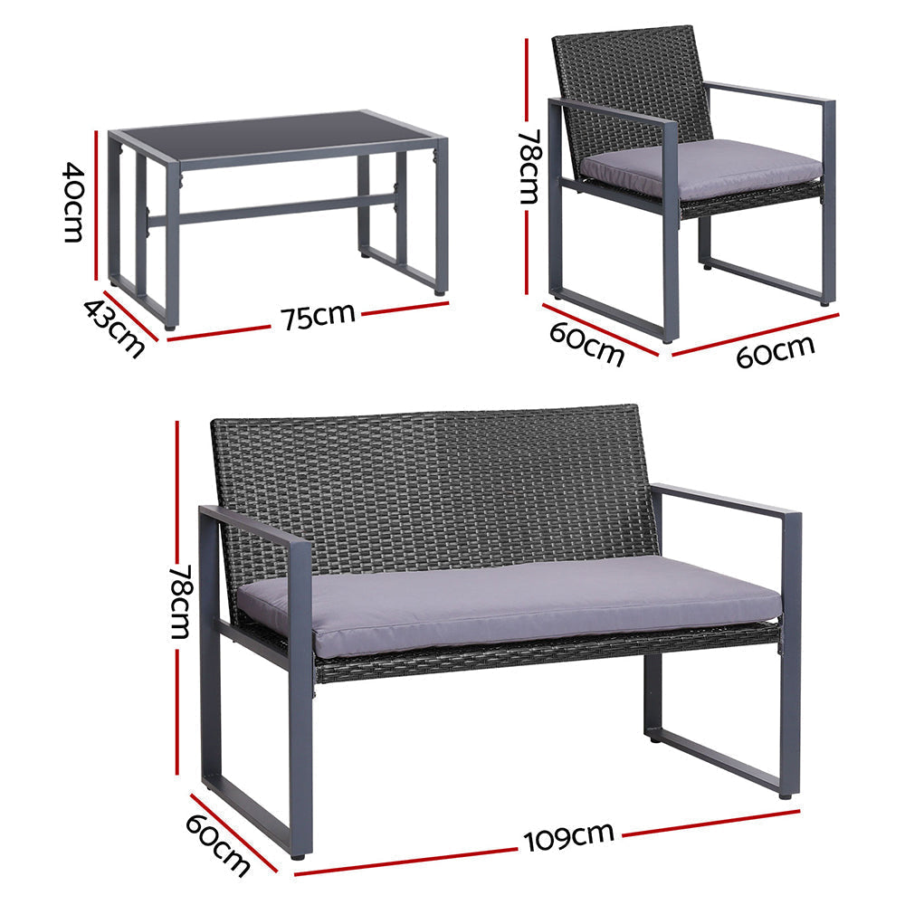 Astrid - 4 PCS Outdoor Sofa Set Glass Table Black