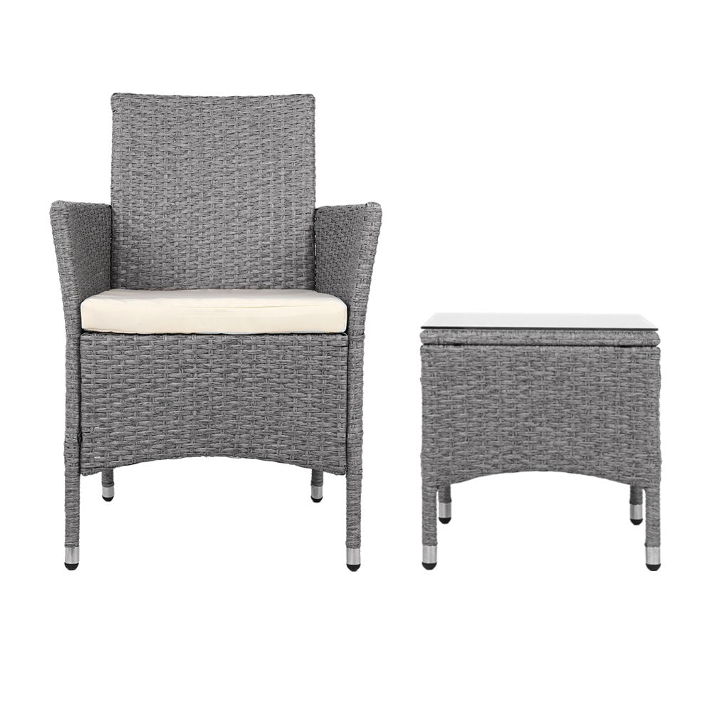 Althea - 3PC Outdoor Bistro Set Patio Wicker Chairs Table Cushion Grey