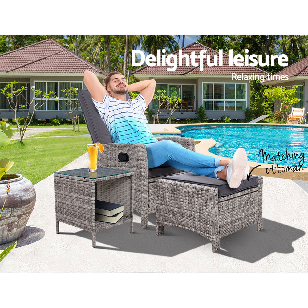 Aviana - 3PC Recliner Chairs Table Sun Lounge Wicker Adjustable Grey