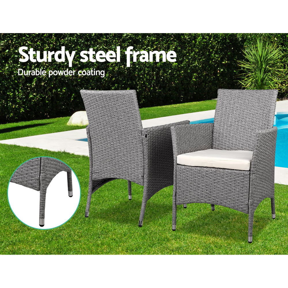 Althea - 3PC Outdoor Bistro Set Patio Wicker Chairs Table Cushion Grey