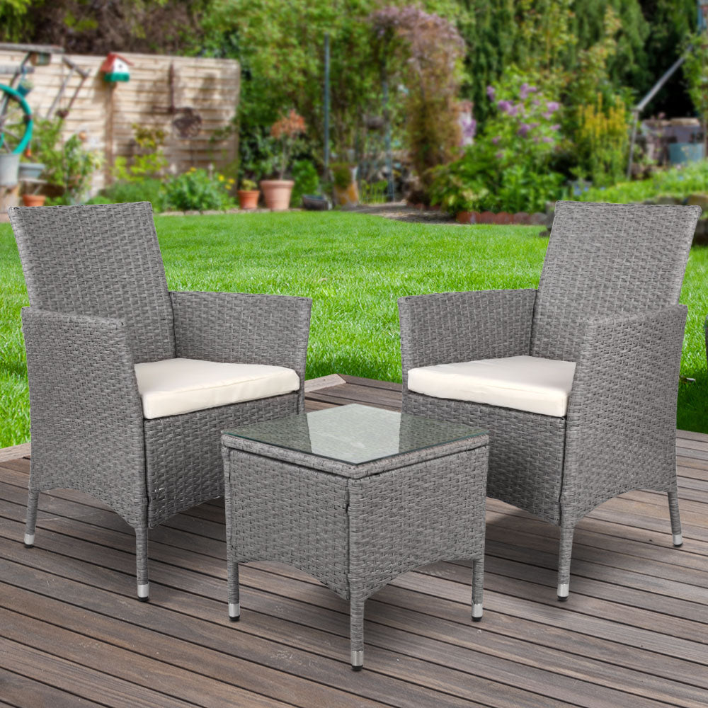 Althea - 3PC Outdoor Bistro Set Patio Wicker Chairs Table Cushion Grey