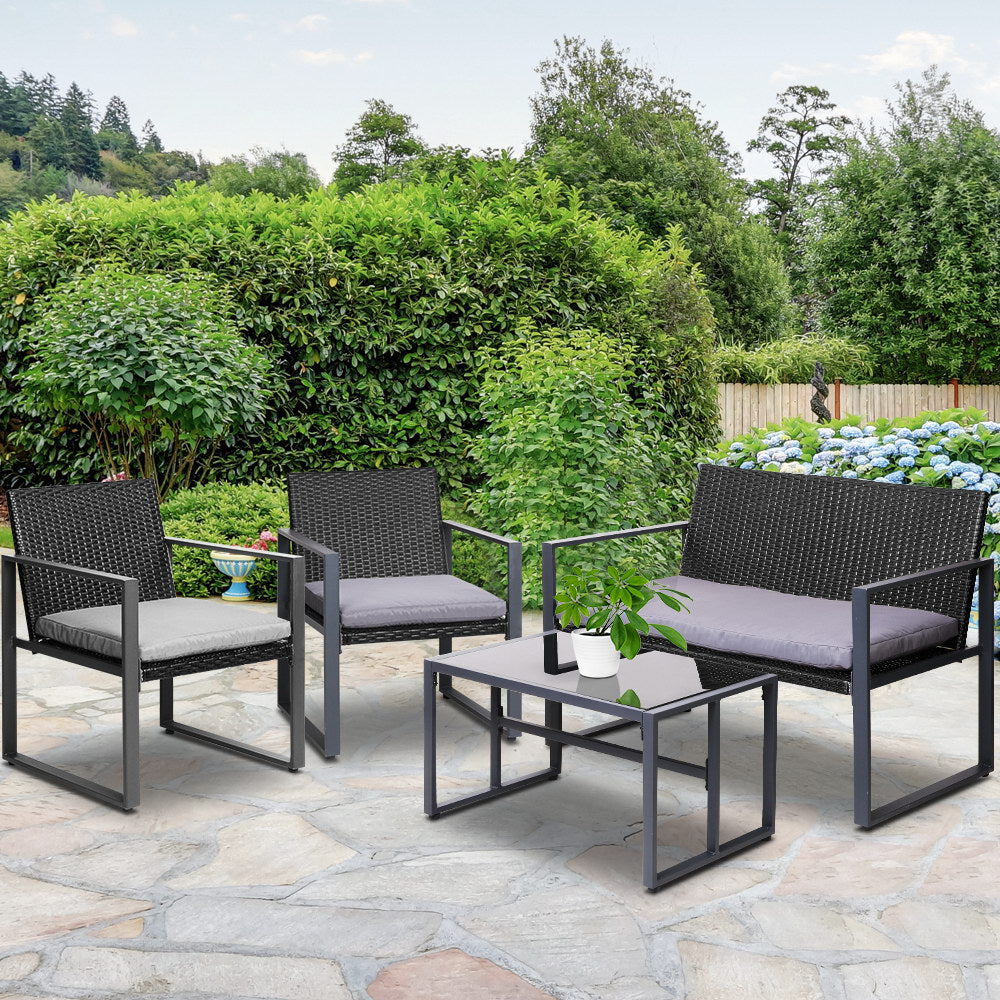 Astrid - 4 PCS Outdoor Sofa Set Glass Table Black