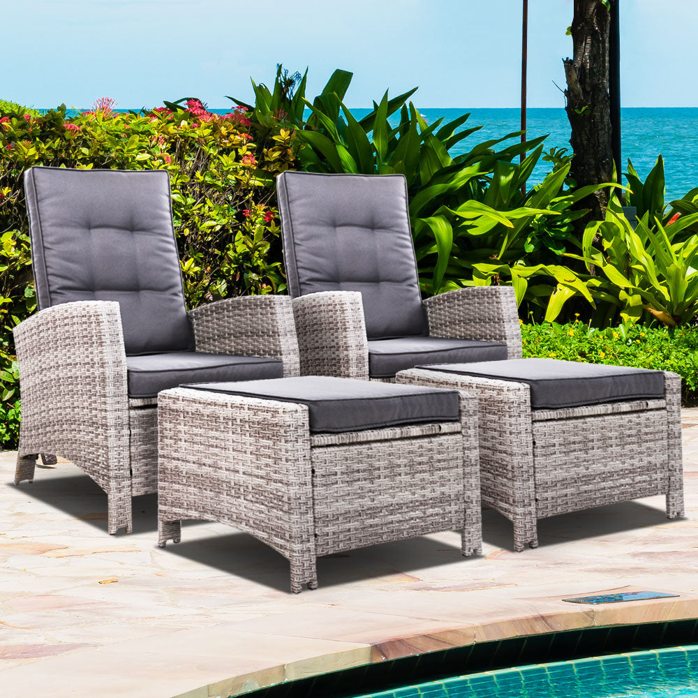 Arlette - 2PC Recliner Chairs Sun Lounge Wicker Lounger Adjustable Grey
