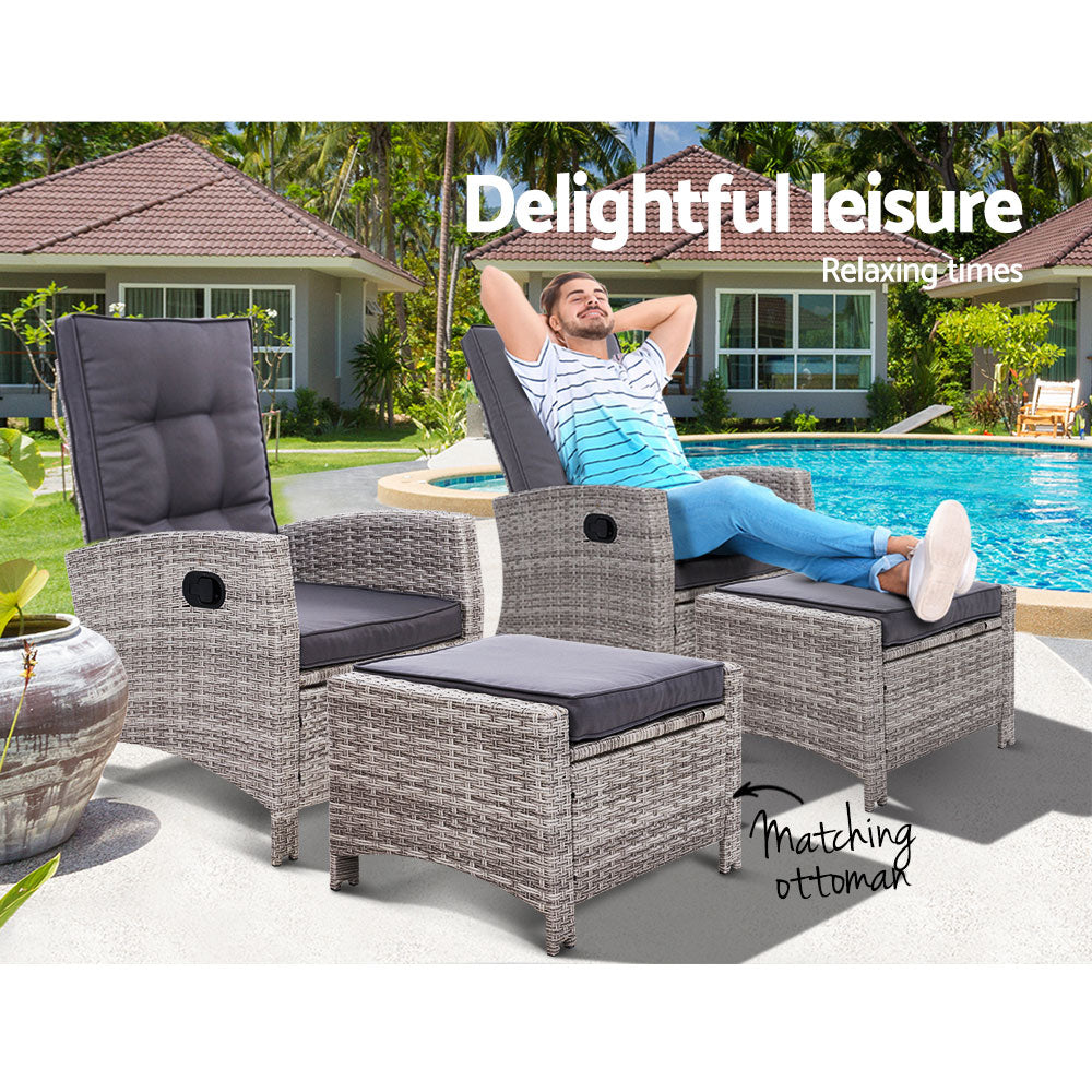 Arlette - 2PC Recliner Chairs Sun Lounge Wicker Lounger Adjustable Grey