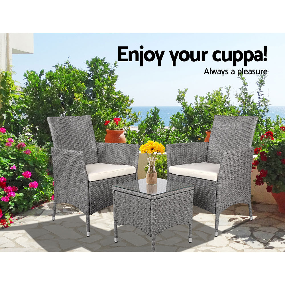 Althea - 3PC Outdoor Bistro Set Patio Wicker Chairs Table Cushion Grey