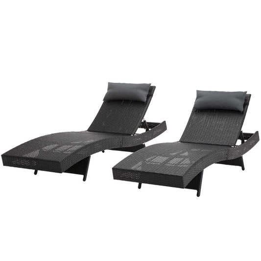 Dune - 2PC Sun Lounge Wicker Lounger Outdoor Adjustable Black