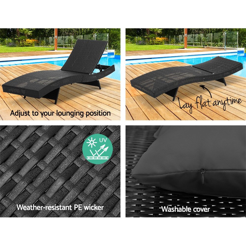 Dune - 2PC Sun Lounge Wicker Lounger Outdoor Adjustable Black