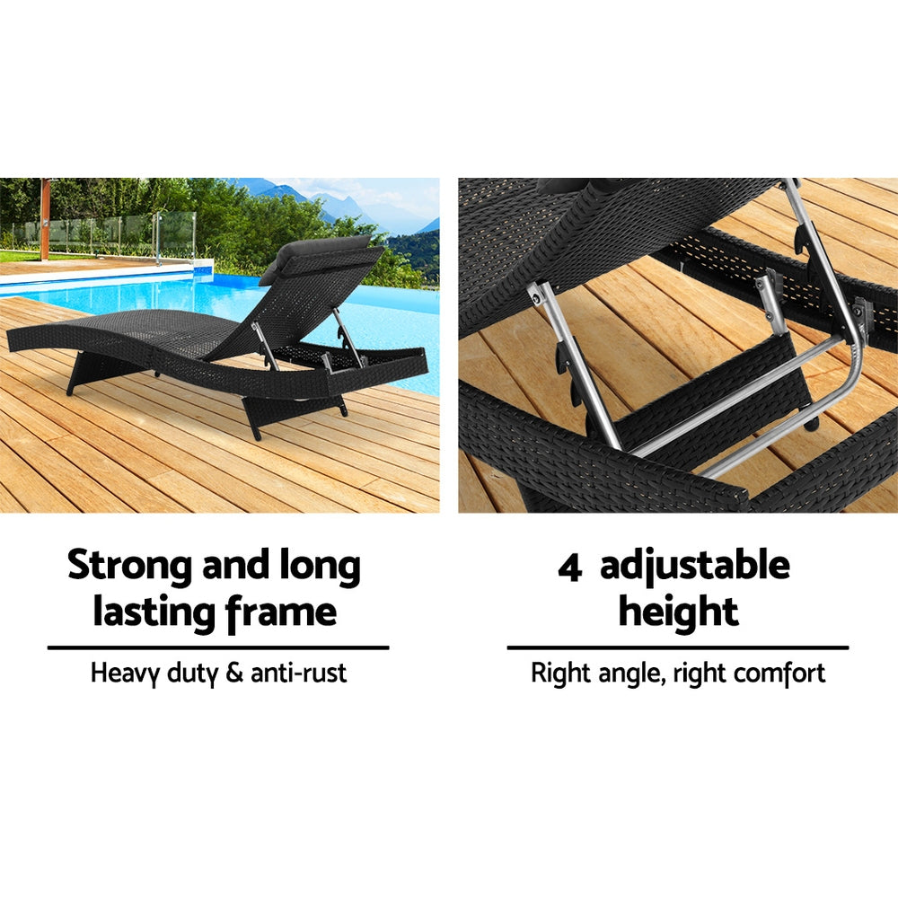 Dune - 2PC Sun Lounge Wicker Lounger Outdoor Adjustable Black