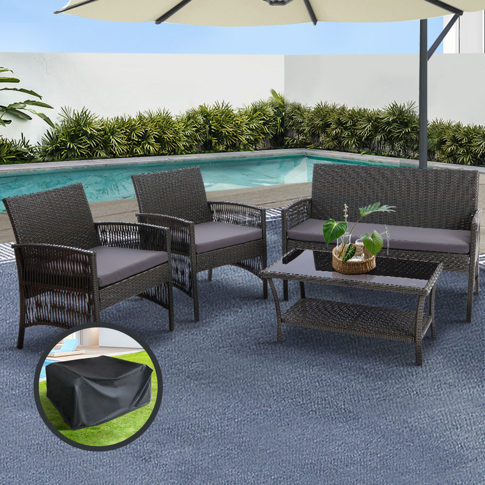 Azure - 4PCS Outdoor Sofa Set Storage Cover Wicker Table Grey