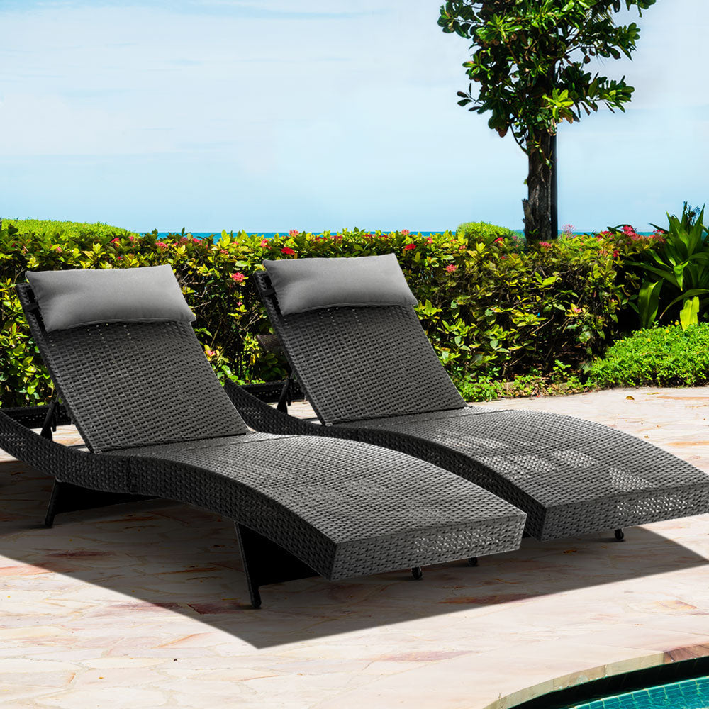 Dune - 2PC Sun Lounge Wicker Lounger Outdoor Adjustable Black