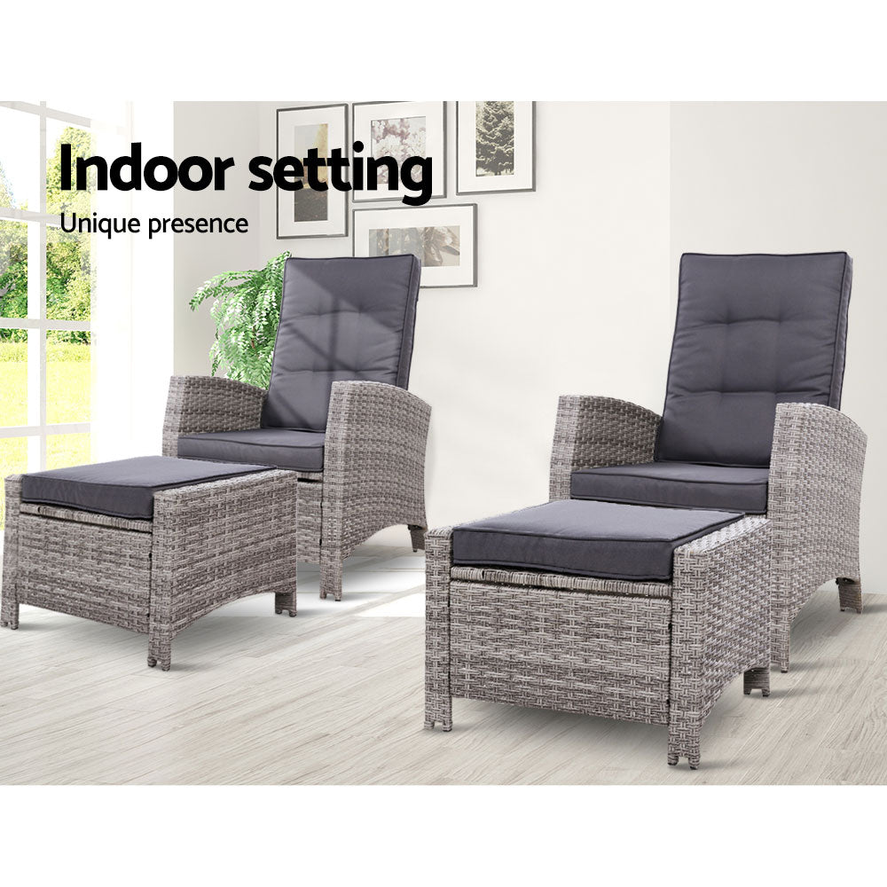 Arlette - 2PC Recliner Chairs Sun Lounge Wicker Lounger Adjustable Grey
