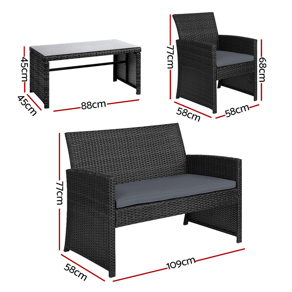 Bethan - 4 PCS Outdoor Sofa Set Rattan Chair Garden Black