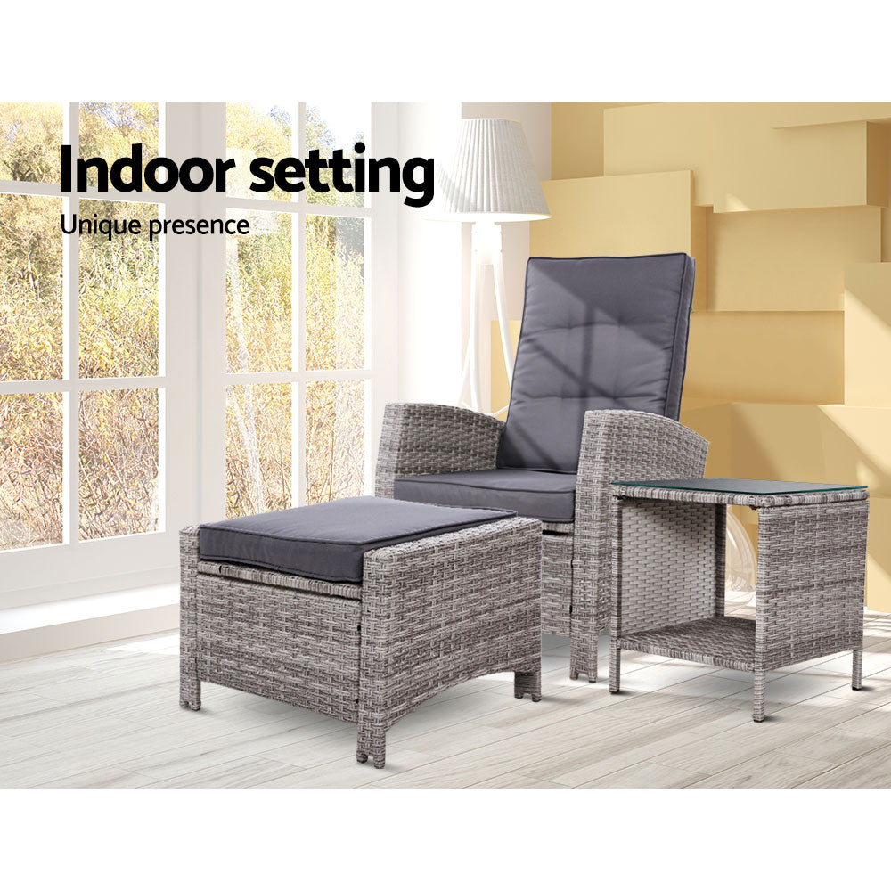 Aviana - 3PC Recliner Chairs Table Sun Lounge Wicker Adjustable Grey