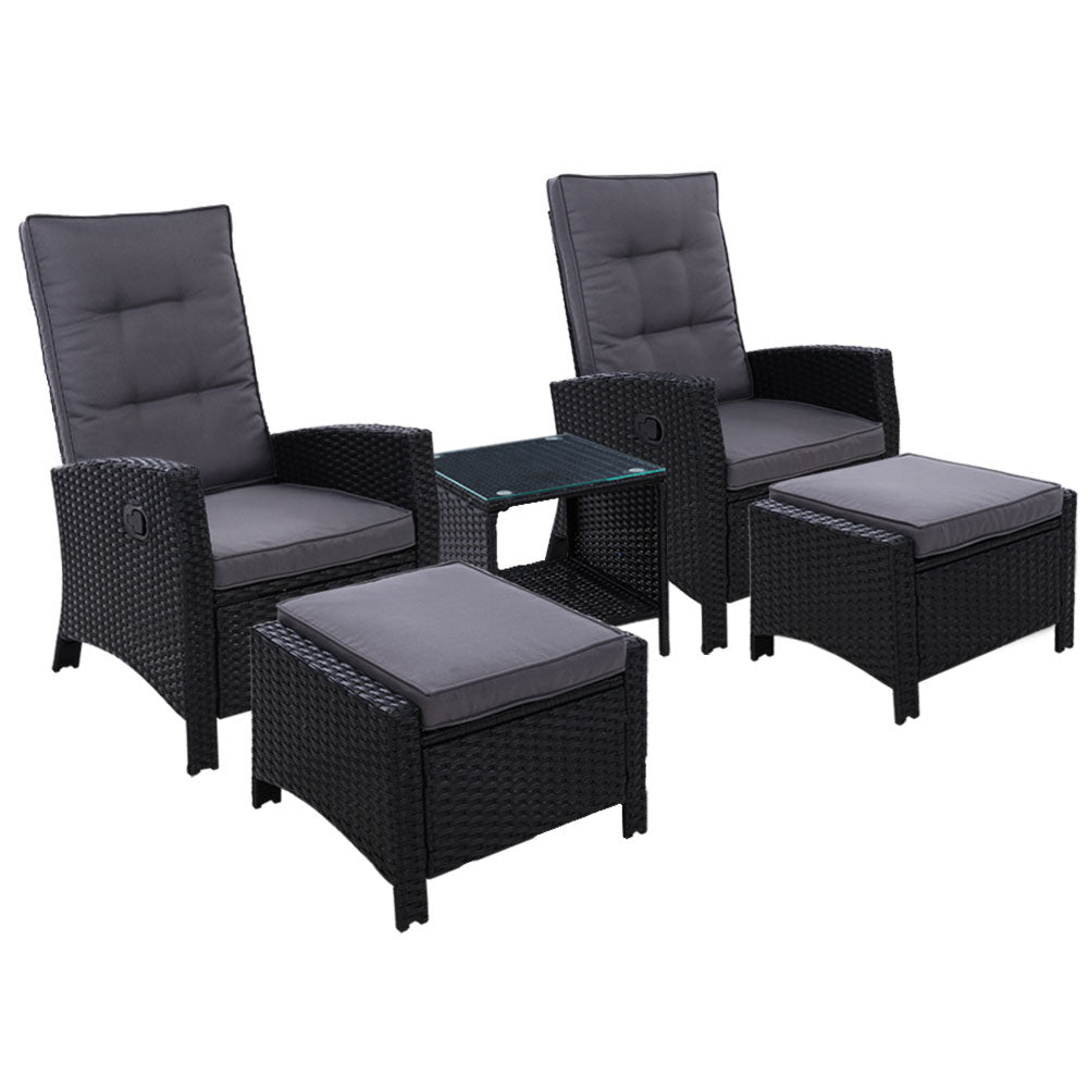 Mireya - 5PC Recliner Chairs Table Sun Lounge Wicker Adjustable Black