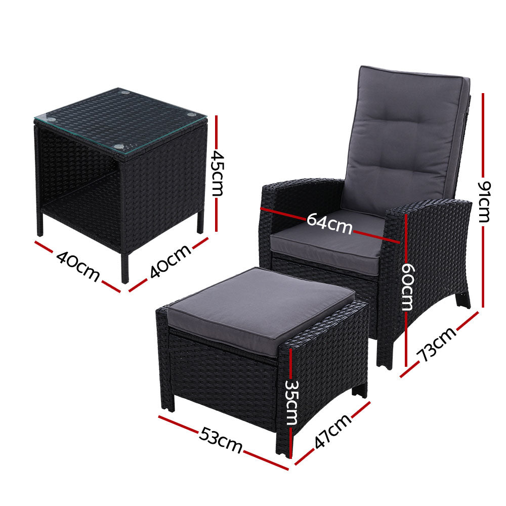 Mireya - 5PC Recliner Chairs Table Sun Lounge Wicker Adjustable Black