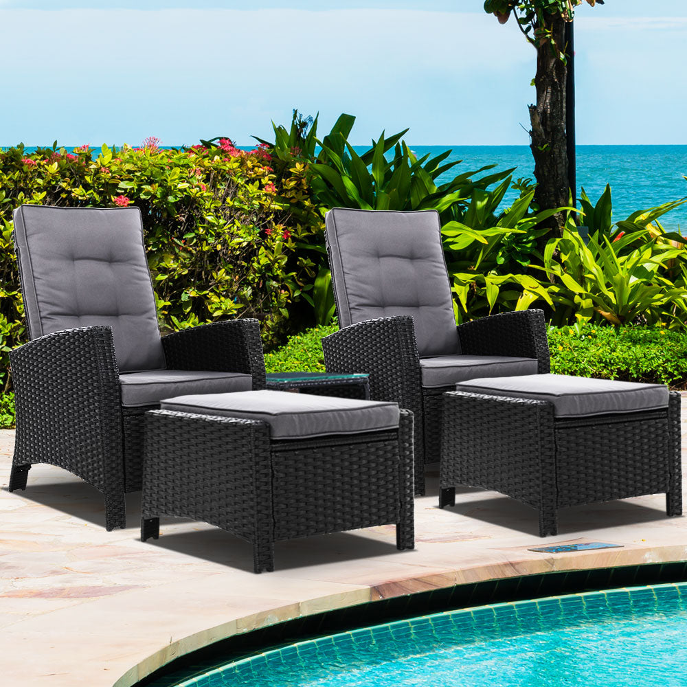 Mireya - 5PC Recliner Chairs Table Sun Lounge Wicker Adjustable Black